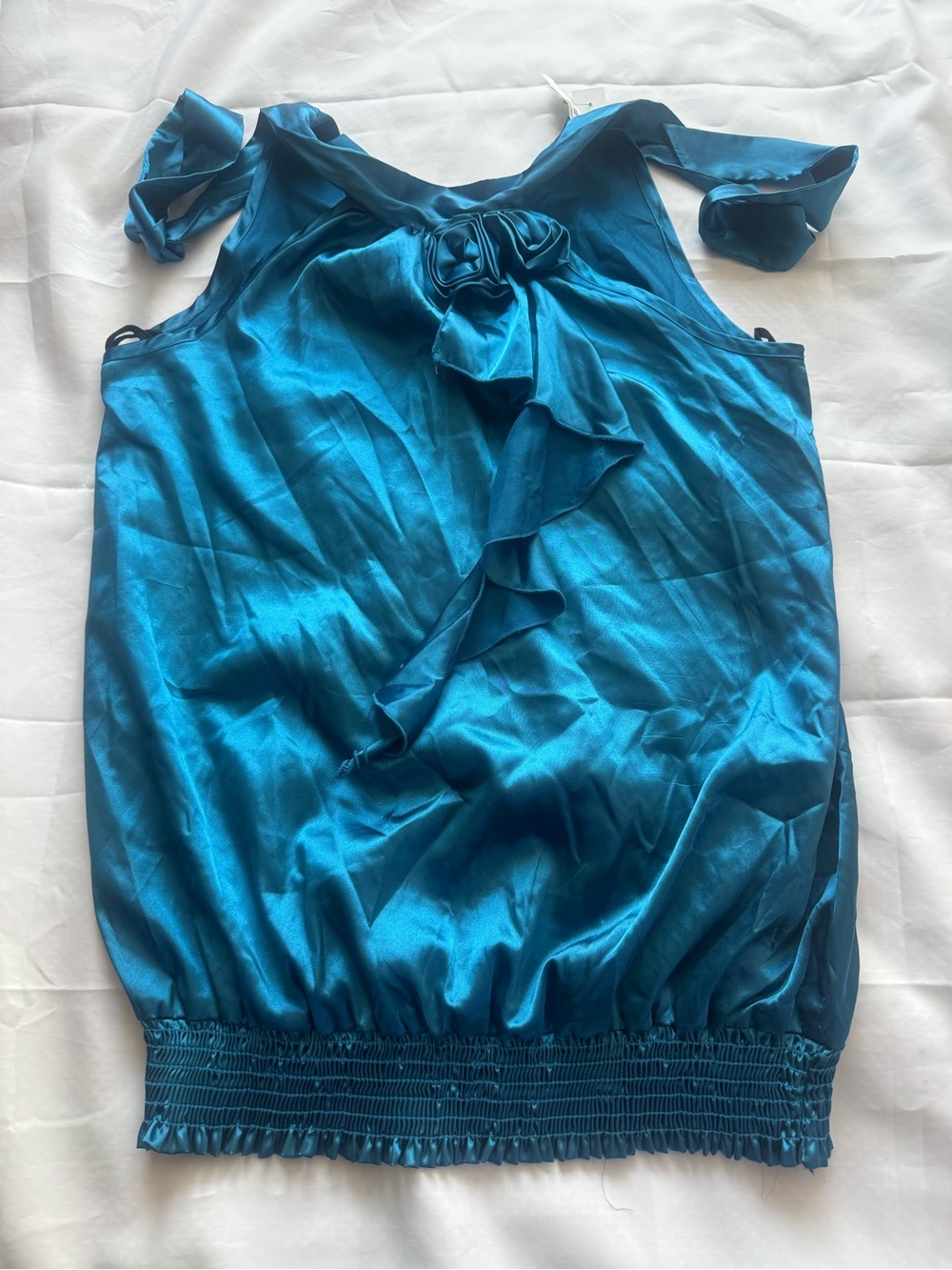 Women's Teal Satin Ruffle Tank Top